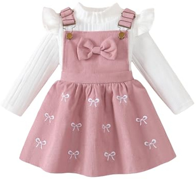 UUAISSO Vestiti per Bambine Maniche Lunghe Maglia a Coste Fiocco Velluto a Coste Gonna con Bretelle Abiti rosa 4-5 anni