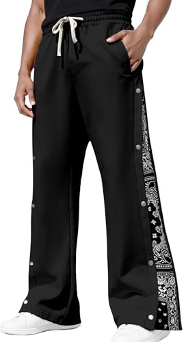 AIEOE Herr hiphopbyxor tryckknappar säckiga byxor mönster tryck joggingbyxor Y2K streetwear S-3XL, Svart, L