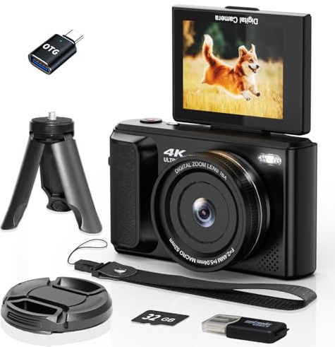 ARNNSSIEN Fotocamera Digitale 4K, 2,8 Fotocamera Compatta - Flip 180° Videocamera, Design Portatile, Zoom 16X per Viaggi, Batteria Integrata da 1500 mAh, Ideale per Principianti, Ragazzi e Ragazze,Y1