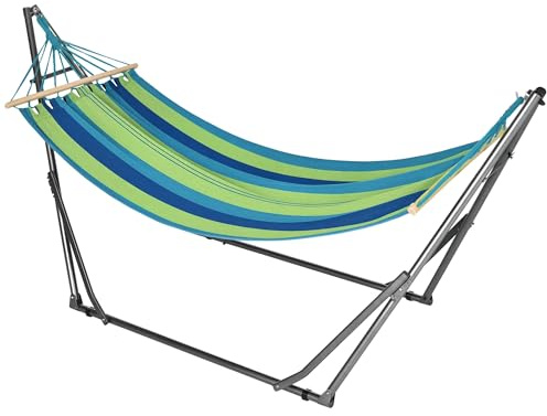 Outsunny Hamaca con Soporte Plegable 2 en 1, Tendedero con Barra, Estructura de Acero, Hamaca de Camping Portátil de Algodón, Carga 120 kg, para Jardín, Patio, Terraza, 270x100x94 cm, Azul y Verde