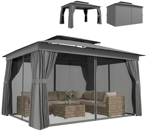 Outsunny Pavillon Wasserabweisend Stabil mit Doppeldach 3,8x3m Dunkelgrau