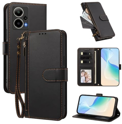 Telefonfodral Kompatibel med Cricket Outlast 5G 2024,Kompatibel med AT&T Motivate Pro 5G【Plånbok med dragkedja och handledsrem Kortfack Uppfällbart stativ】Black