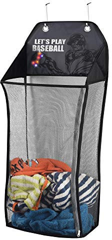 Store & Score Baseball-Wäschekorb, zum Aufhängen, mit LED-Baseball, zusammenklappbar, mit Spielzeugtruhe, robuste Metallhaken zum Patent angemeldet