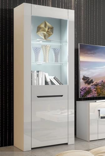 Furneo Milano 09 – White Display Cabinet, High Gloss Front & Matt Body, White LED Lights