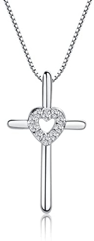 Cherished Moments 925 Sterling Silver Cross Necklace with CZ Heart for First Communion Gift for Girls, 16-18 Inch