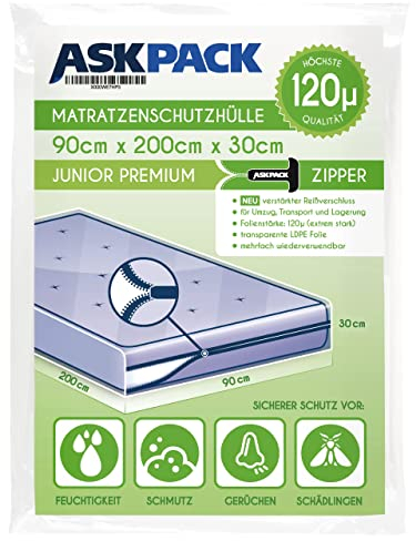 ASK Pack Matratzenschutzhüllen mit Anker-Reißverschluss - Größen von XS bis XXL, Wasserdicht, Reißfest, Ultra Starkes Material 120 mikron - Ideal für Umzug, Lagerung und Transport - 90x200 cm