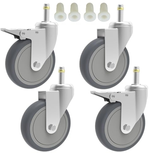 RILIDRI 10 cm svängbart stjälkhjul, 7/16-tums stamdiameter gummihjul, kraftiga TPR-ersättningshjul för gummiträd mopp hink vagn grillhjul – 4-pack (2 bromsar 2 svängbara)