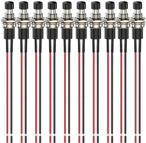 Gebildet 10Stück 7mm 3V-6V-12V-24V-230V/1A vorverdrahteter Mini-Druckknopf, SPST Nomal Offener On/Off-2-poliger Runder Knopf für Modelleisenbahn-Hobby (schwarz)
