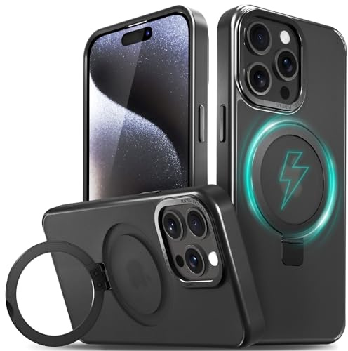 VENA Magnetic Ring Case for iPhone 15 Pro Max (6.7”) [Compatible with Magsafe] with Sturdy Stand, Drop Protection, Shockproof Translucent Back Slim Protective Phone Case - Translucent/Black