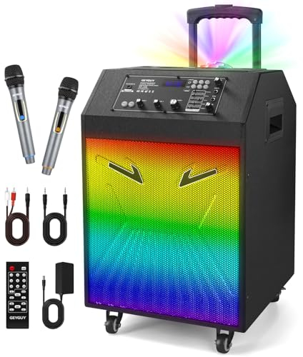 Máquina de Karaoke Portátil, Altavoz Karaoke con 2 Micrófonos, Altavoz Bluetooth, Soporte para Tableta, Luces de Discoteca, Control Remoto, diseño Exclusivo, Ruedas GTSK10-4