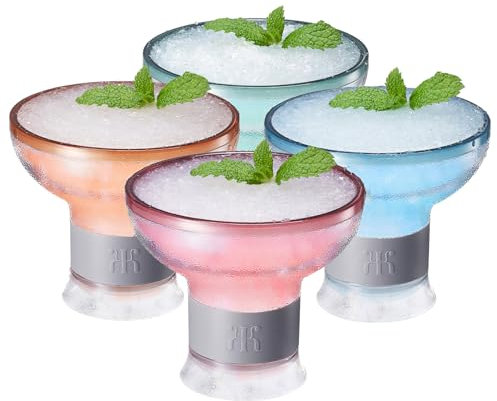 Khen Frozen Margarita & Cocktail Chiller Glasses | Set of 4 | Cooling Cups 12 OZ Unbreakable Tritan Acrylic, Double Wall Insulated to Keep Drink Cool, Freeze Gel Glass Cup, Silicone Holder