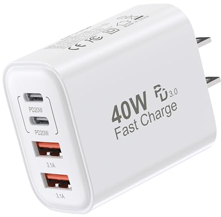 USB C Charger Block, 40W 4 Ports USB-C Wall Charger Plug Fast Charging, QC Multiport Adapter, USB A Type C Box Brick Cube Compatible with iPhone 17 16 15 14 13 12 Pro Max, & for Samsung Galaxy
