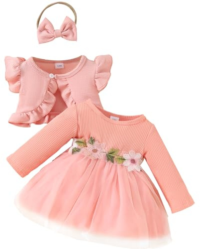 Yoolhamy Flickor klänning och koftor set långärmad bomull prinsessan Tutu klänningar med kappa Outfit för flickor, Rosa med lång ärm, 18-24 mesi