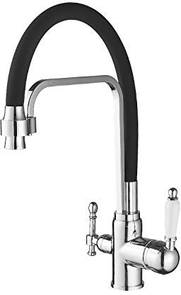 3-vägs köksarmatur drickskran spiralfjäder, 360° vridbar vattenkran kök med dusch, utdragbar 3-i-1-blandarkran för vattenfilter (3 sätt (02), rund)