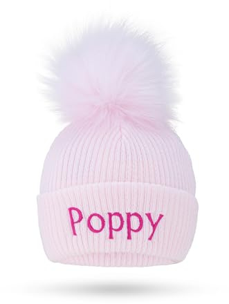Lobeko Personalised Baby Pom Hat, Winter Hat Baby Girl, Newborn Hat Baby Boy, 0-18 Months, 5 Colours (UK, Age, 0 Months, 6 Months, Pink)