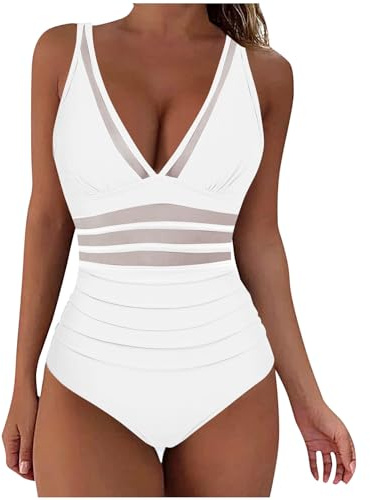 RIKAY for Mum,Women Swimwear siez 12 14,Ladies Swimming Costumes,See Throught Tummy Control Bathing Suit Sexy Mesh Lace Straps Ruched Swimsuits Bikini Bottoms High Waist Vintage Monokini White