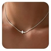 VIROMY Halskette Damen Silber Horizontalen Rand Plattiert Silber Elegant und Zart Frauen Kreuz Halsketten Niedlich Religiösen Minimalist Schmuck
