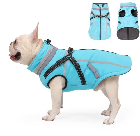 FEimaX Abrigo para Perro Impermeable Chaqueta de Invierno con Arnés y Forro Polar Cálido Chaleco Reflectante Ajustable Ropa a Prueba de Viento para Perros Pequeños y Medianos Mascotas (S, Azul)