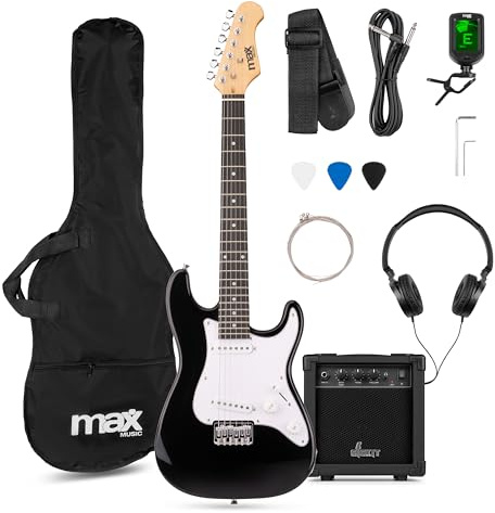 MAX GigKit Junior 3/4 – Guitarra eléctrica infantil con amplificador, funda, afinador, púas y accesorios – kit guitarra y amplificador ideal para niños y niñas de 8 a 12 años – color negro