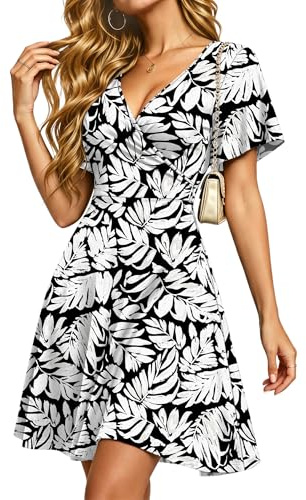 PLMOKEN Summer Dresses Women UK Ladies Ruffle Sleeve Beach Holiday Dresses Sexy Knee Length Deep V Wrap Dress with Pockets Ink Shadow Leaf L