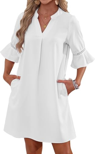 Famulily Women's Flowy Bell Short Sleeve Shift Dress V-Neck Loose Summer Casual Dresses with Side Pockets S-XXL