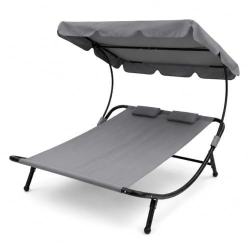 LORVIK Cama Balinesa Doble Exterior con Toldo Ajustable y Cojines, Tumbona de Jardín para 2 Personas, Estructura de Acero para Terraza, Piscina y Patio