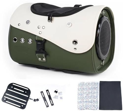 Sac Moto pour Chien Aéré Charge 6kg Coussins et Tapis Imperméable Inclus Base à Démontage Rapide pour Trottinette Électrique et Moto avec Porte-Bagages Arrière(Green)