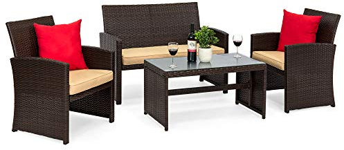 Best Choice Products 4-Piece Outdoor Wicker Patio Conversation Furniture Set for Backyard w/Coffee Table, Seat Cushions - Brown/Beige
