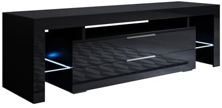 MB Muebles Bonitos, Meuble TV Selma avec Lumière LED pour Salon Moderne, 2 Tiroirs avec Poignées Métalliques, Meuble en Mélamine Brillante, Couleur Noir, 160x53x35 cm