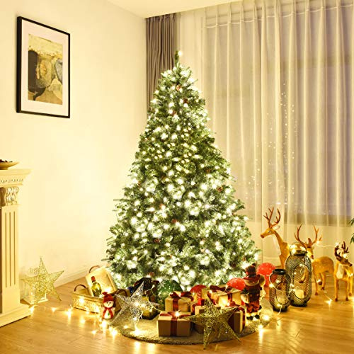 RELAX4LIFE Albero di Natale 210/225/240 cm, Albero di Natale con Luci 460/540/600 Incorporate e Pigne, Folto e Realistico, Decorazione Natalizia per Casa, Ufficio e Negozio (225cm)