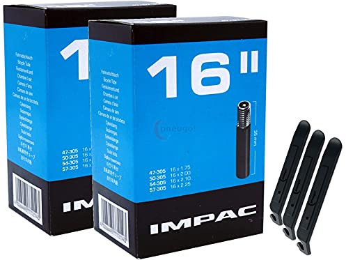 pneugo! Set 2 x Impac Fahrradschlauch 16 Zoll Autoventil 47-305/57-305 + 3 Reifenheber