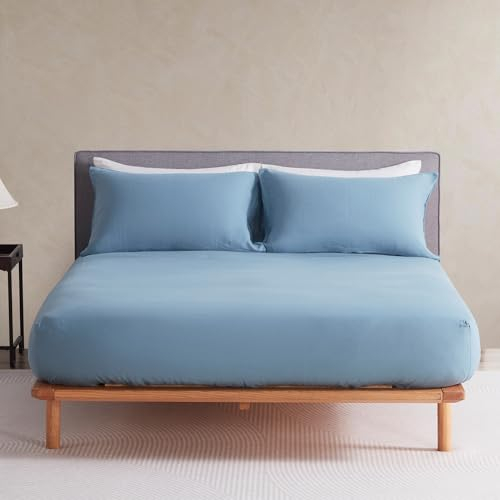 DAPU Spannbettlaken Leinen, 100% französischer Naturflachs Atmungsaktives 180×200+30cm Spannbetttuch mit Gummizug, Öko-Tex 100 Standard Bettlaken, Stonewashed Weiches Betttuch, Blau
