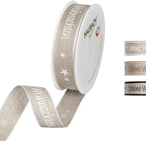 Halbach Seidenbänder Geschenkband Weihnachten Schöne Weihnachten aus Leinen 25mm x 15 m Geschenkband Natur zum Einpacken von Geschenken, Schleifenband Leinen mit Drahtkanten, natural/white, 1058
