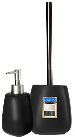 KADAX 2-teiliges Badezimmer Set aus Keramik, Badaccessoires, Badzubehör, Seifenspender, Badezimmerbecher, Seifenschale und WC-Bürste (Bürste&Spender Schwarz)