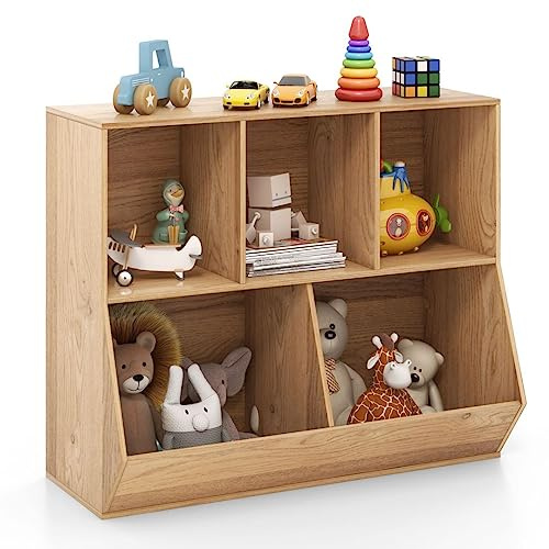 COSTWAY 5-Cubby Kids Toy Storage Organizer, Wooden Children Bookcase with Anti-Tipping Kits, Open Toy Shelf Storage Cabinet for Playroom Kids Room School (Natural)