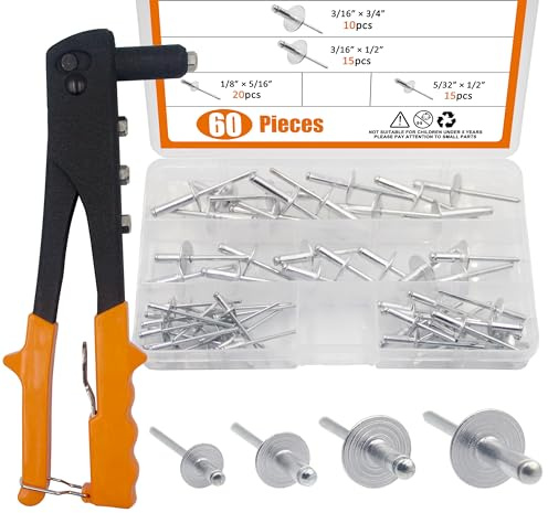 ISPINNER 60pcs Large Flange Aluminum Blind Rivets Assortment Kit with Heavy Duty Hand Riveter Rivet Gun Tool 1/8 5/32 3/16 Pop Rivets