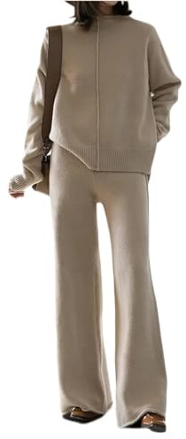 CzooM Conjunto De Ropa De 2 Piezas Para Mujer, Suéter Elegante Con Cuello Alto, Manga Larga + Pantalón, Conjunto De Gran Tamaño, Traje De Punto, Suelto, Cálido Para Invierno, Informal (Color : Aprico