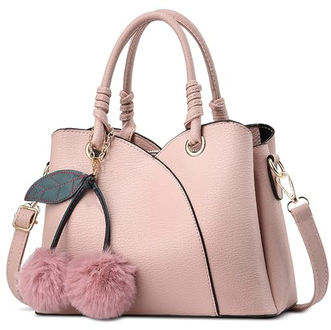 SODOLLEE Damen Handtasche Elegant Henkeltaschen Pompon Umhängetasche PU Leder Mehrere Taschen Schultertasche für Reisen Arbeiten Shopper Rosa E-3AO, pink, Large