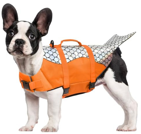 RUYICZB Hundeschwimmweste Hai Mit Griff Und Reflektierend, Schwimmweste Für Kleine Mittlere Und Große Hunde, Dog Life Jacket Schützen Sie Hunde Beim Schwimmen Im Meer/See/Fluss,Orange,S
