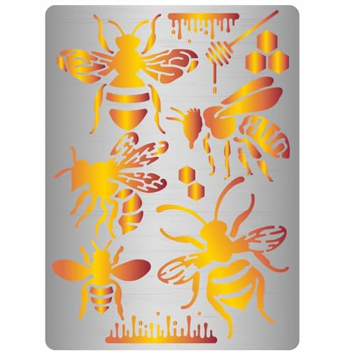 GORGECRAFT 7.5 x 5.5inch Bee Metal Stencil Reusable Honey Honeycomb Stainless Steel Drawing Stencils Template for Painting on Wood Wall Scrapbooking Engraving Wood Burning Pyrography DIY Art Crafts