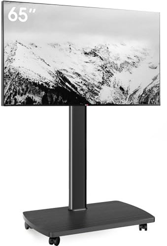 AOKCOS TV Ständer Rollbar mit Holzablage, Fernsehständer auf Rollen für 32-65 Zoll Fernseher, TV Bodenständer Höhenverstellbar Schwenkbar, bis 40 kg Max. VESA 400x400mm (Schwarz)