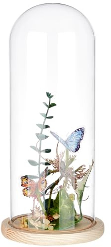 BENECREAT Cubierta de Cristal Transparente con Forma de Flor Eterna de 11.7x30cm, Tarro de Cristal con Forma de Cúpula Y Base de Madera Maciza de Almendra Blanqueada para Manualidades con Flores