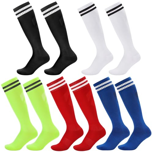 Zuimei Lot de 5 paires de chaussettes de football longues respirantes pour garçons et filles âgés de 5 à 12 ans pour la course à pied, l'entraînement, le rugby, le hockey, Noir + bleu + vert + rouge +