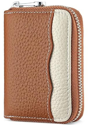 Goopai RFID 20 Card Slots Credit Card Holder Genuine Leather Accordion Card Case Small Wallet for Women or Men with Zipper (New Brown)