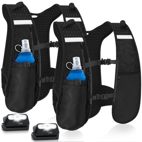 GGIE Running Hydration Vest 2 Pack – Lightweight Reflective Running Vest Pack with 500ml Soft Flask & Headlamp, Adjustable Trail Backpack for Men Women, Ideal for Marathon Hiking Cycling & Climbing