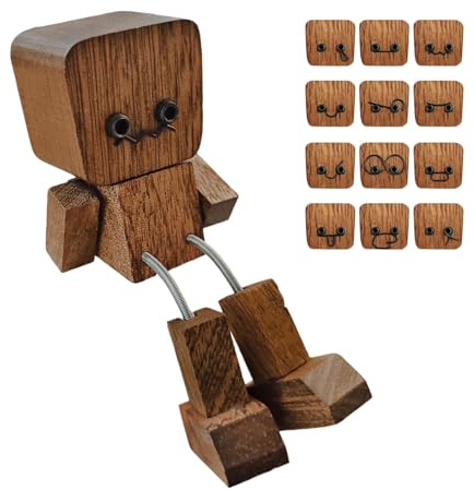 VIDSTW Shaking Wooden Man Vacation Träfigur levereras med 12 mönster liten trägubbe som rör sig kreativ gåva trä man figur för dekoration kant bilkontor (valnöt)