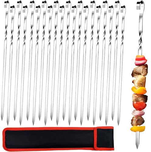 Nicewa 20 stycken grillspett rostfritt stål, 39 cm långa köttspett rostfritt stål med påse, extra stark 1,8 mm tjock grillkebabspett, återanvändbara kebabspett för lägereld grillskål BBQ