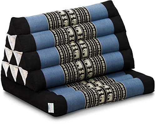 livasia Thaikissen mit 1 Auflage - 75x50x8cm - Dreieckskissen mit Sitzkissen, Keilkissen mit Kapok, Rückenkissen faltbar, Thaimatte zum Klappen, handgefertigt, Meditationskissen (Blau/Elefanten)