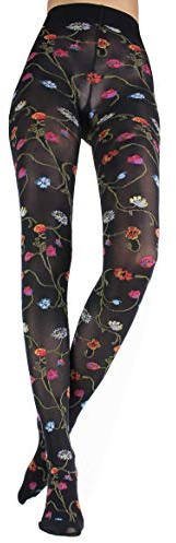 WOOTI TIGHTS Collant FANTASIA in Microfibra con disegno Floreale milticolore L nero, Coprente 80 den, Morbidio, Resistente, Opaco, cucitura Piatta con tassellino in cotone