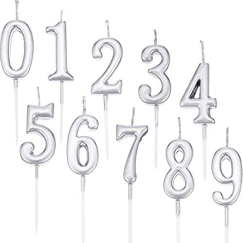 Queta Candele Numero 0 a 9 Cake Topper Decorazione per Torta Torta Compleanno (10 Pezzi) (Argento)